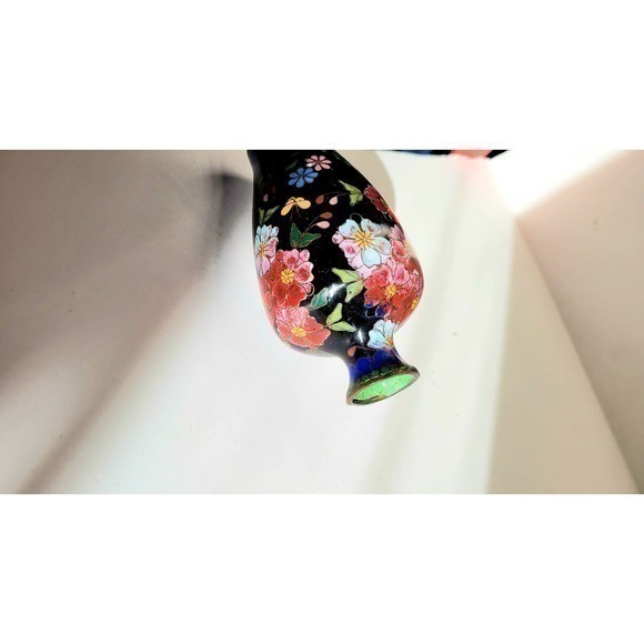 HP‎ Antique Chinese Blue Pink Floral Chrysanthemums Butterflies Cloisonné Vase - Picture 10 of 10